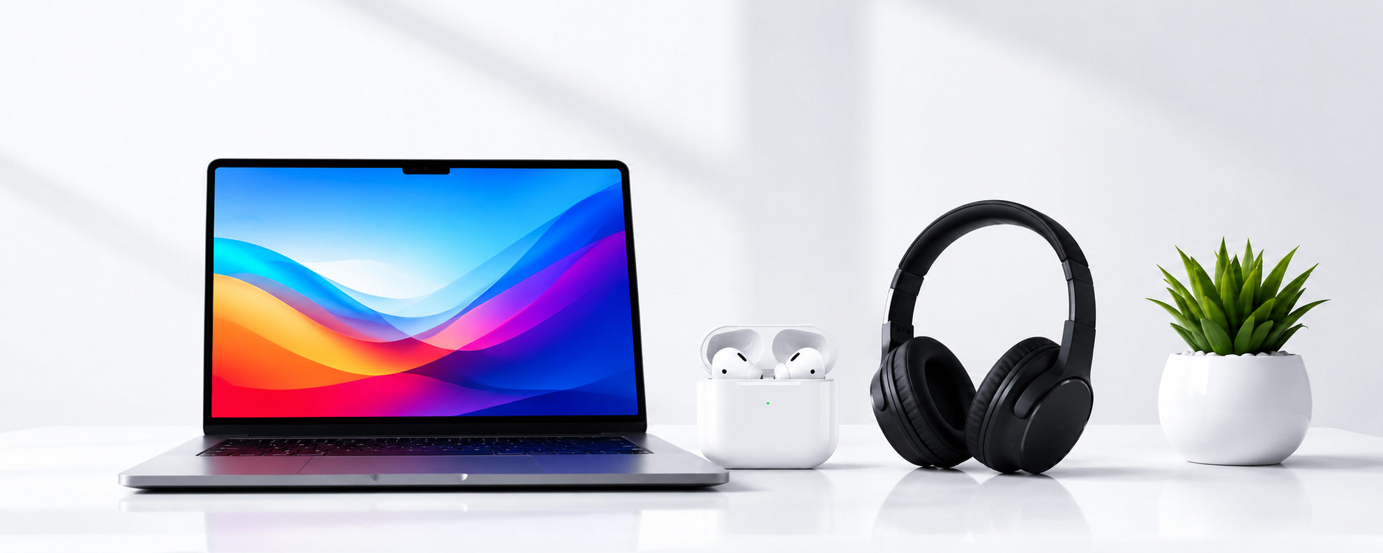 Laptop, earbuds and headphones