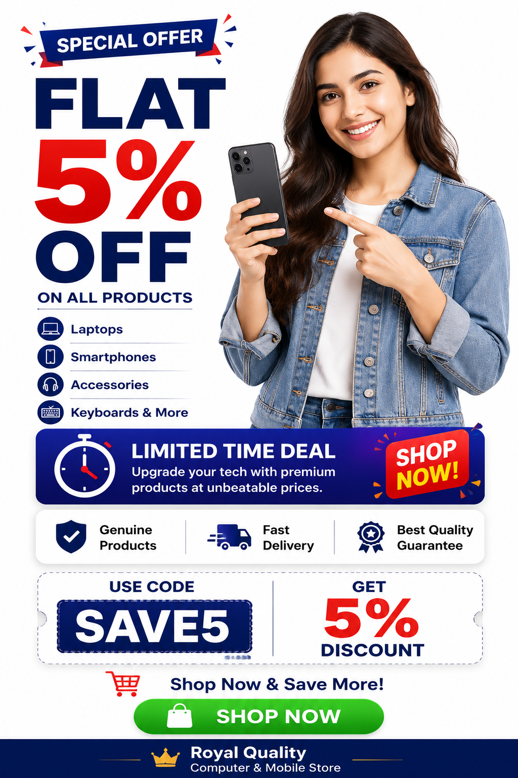 Smiling woman holding a smartphone for Royal Quality promotion